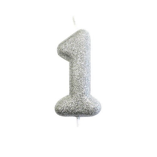 Anniversary House Number 1 Candle Silver Glitter, 6.5cm