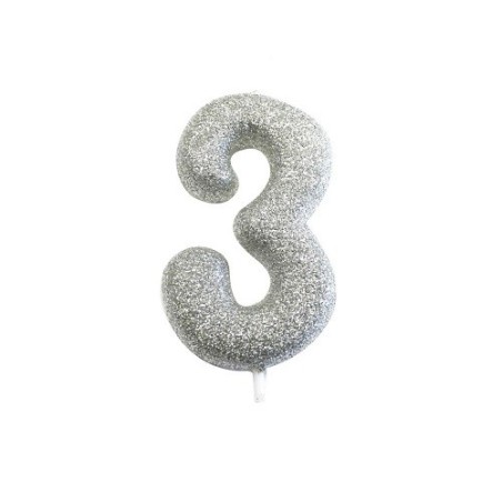 Silberne Glitzer-Zahlenkerze „3“ – für 3. Geburtstage, Jubiläen & kreative Kuchenideen