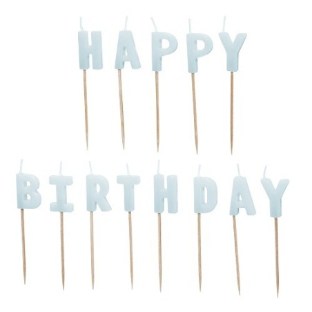 PartyDeco Happy Birthday Candles Light Blue – Pastel Letter Cake Candles