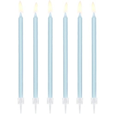 PartyDeco Light Blue Cake Candles 14cm – 12 Elegant Tall Birthday Candles with Holders