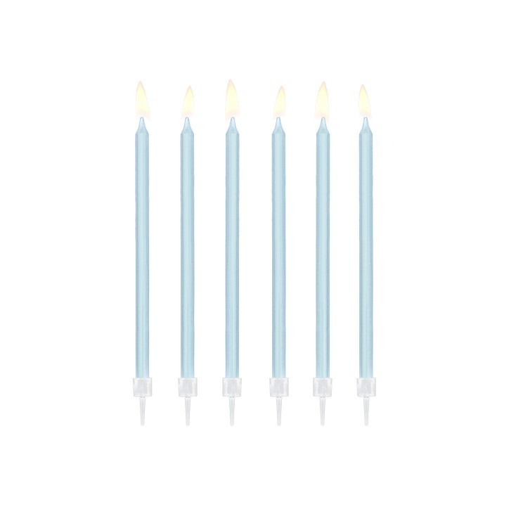 PartyDeco Light Blue Cake Candles 14cm – 12 Elegant Tall Birthday Candles with Holders