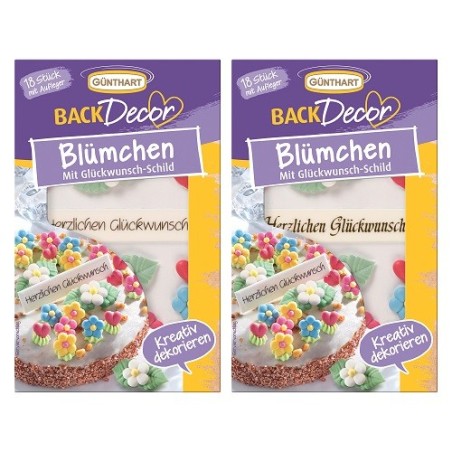 Günthart Zuckerdekor Blümchen mit Glückwunsch Schild – 18 Stück