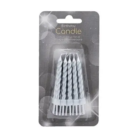 Silver Birthday Candles, 10 pcs – Set of 10 Elegant Cake Candles with Holders