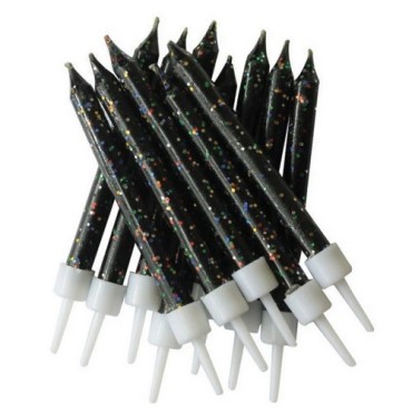 Anniversary House Black Glitter Candles with Holders, 12 pcs – Elegant Cake Decoration