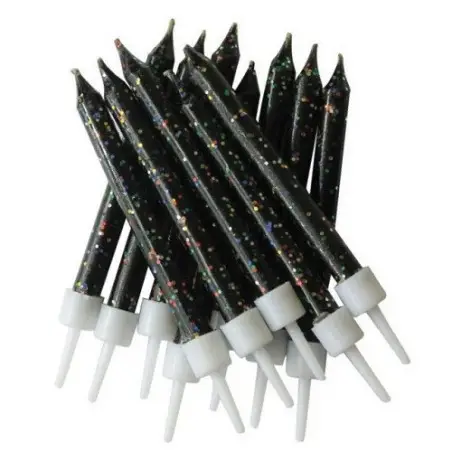 Anniversary House Black Glitter Candles with Holders, 12 pcs – Elegant Cake Decoration