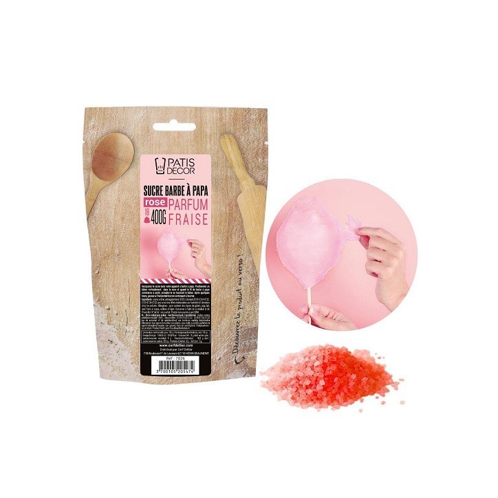 Patisdécor Cotton Candy Sugar Strawberry 400g – Pink to Light Red, Makes 16 Servings