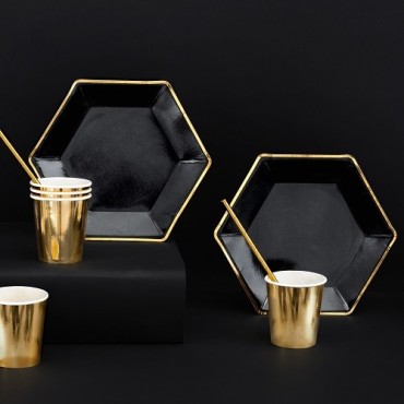 PartyDeco Black Paper Plates with Gold Rim Ø 23 cm – 6 pcs