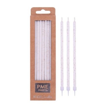 PME Tall Birthday Candles White with Gold Glitter 16 pcs