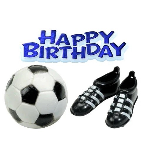 Anniversary House Football Boots Cake Topper with Happy Birthday Motto Blue Anniversary House Football Boots Cake Topper with Happy Birthday Motto Blue