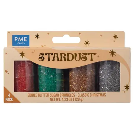 PME Christmas Stardust Edible Glitter 4 Colours Set – Red, Green, Silver & Gold (120 g)