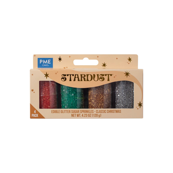 PME Weihnachtsglitzer Stardust 4er Set – Essbarer Glitzer in Rot, Grün, Gold & Silber (120 g)