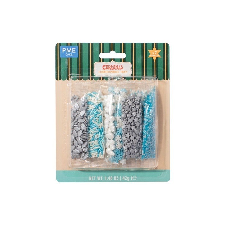 PME Frosty Christmas Sprinkles Set – 7 Assorted Edible Mixes in Blue, Silver & White (42 g)