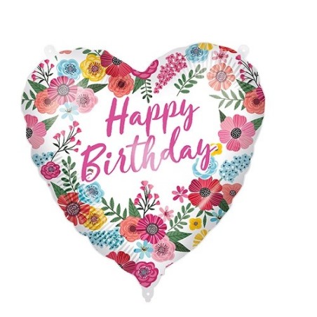 Folienballon Happy Birthday Herz 45 cm | Geburtstagsballon Blumenmotiv | Bakeria.ch