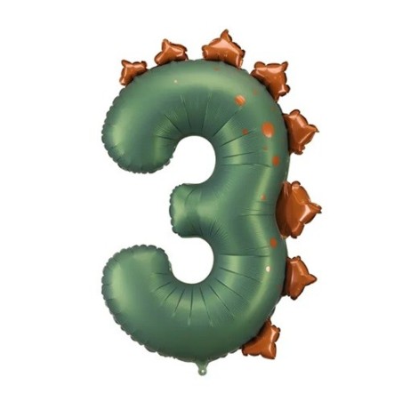 PartyDeco Dino Number Balloon 3 – 92 cm Green Dinosaur Foil Balloon