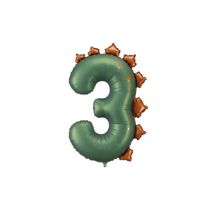 PartyDeco Dino Number Balloon 3 – 92 cm Green Dinosaur Foil Balloon