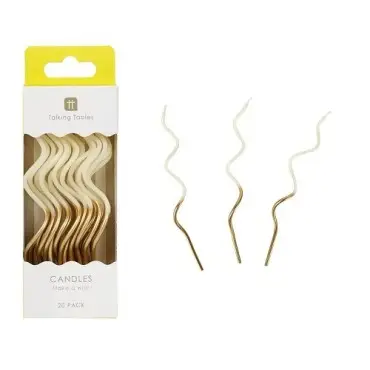 Talking Tables Curly Birthday Candles Gold Dipped 20 Pack – White & Gold 13 cm