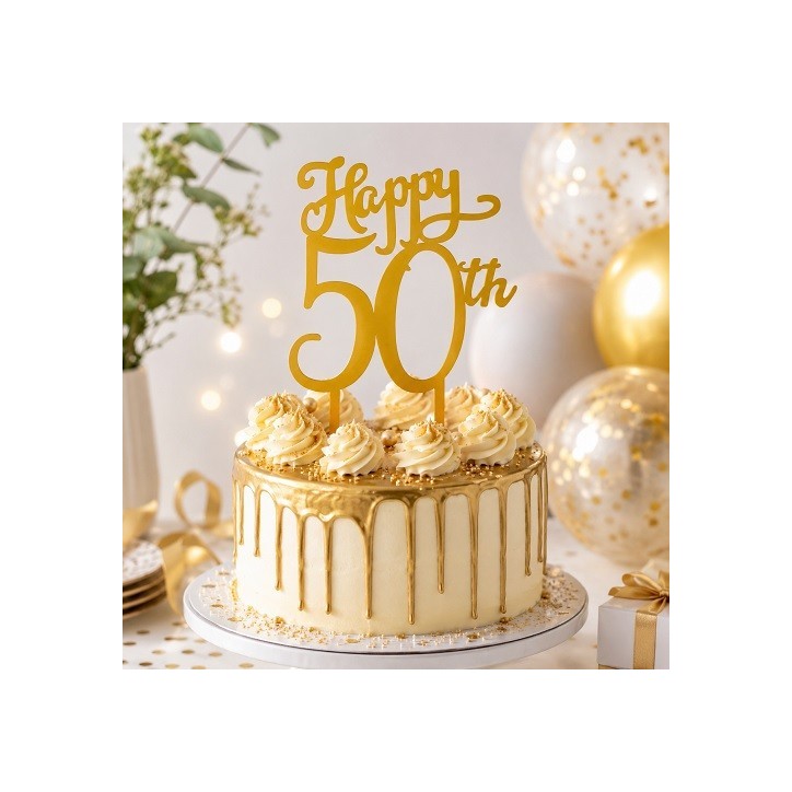 deKora Happy 50th Cake Topper Gold 16x10cm
