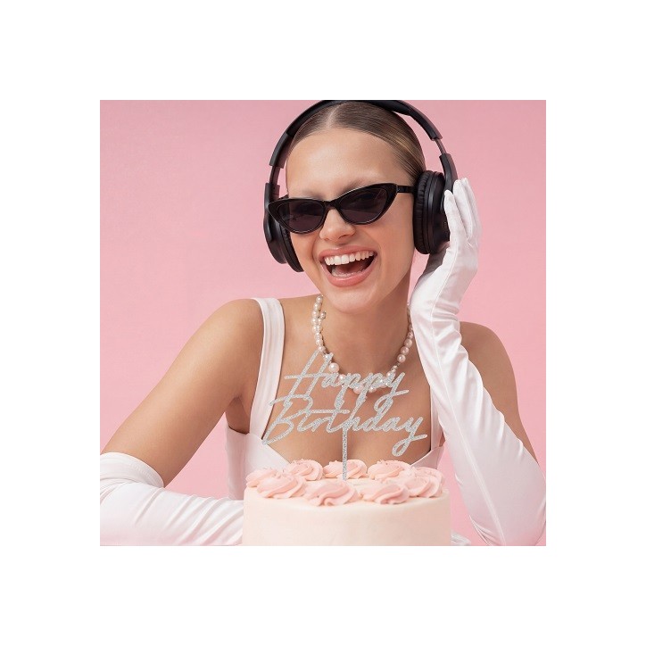 PartyDeco Happy Birthday Acryl Torten Topper Silber Glitzer 18cm
