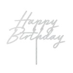 PartyDeco Happy Birthday Acryl Torten Topper Silber Glitzer