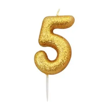 Anniversary House Number 5 Gold Glitter Candle 6.5cm