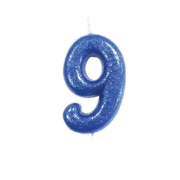 Anniversary House Number 9 Blue Glitter Candle 6.5cm