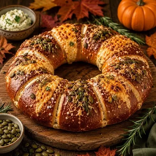 Herbstlicher Laugenkranz mit Käse, Kräutern & Kürbiskernen