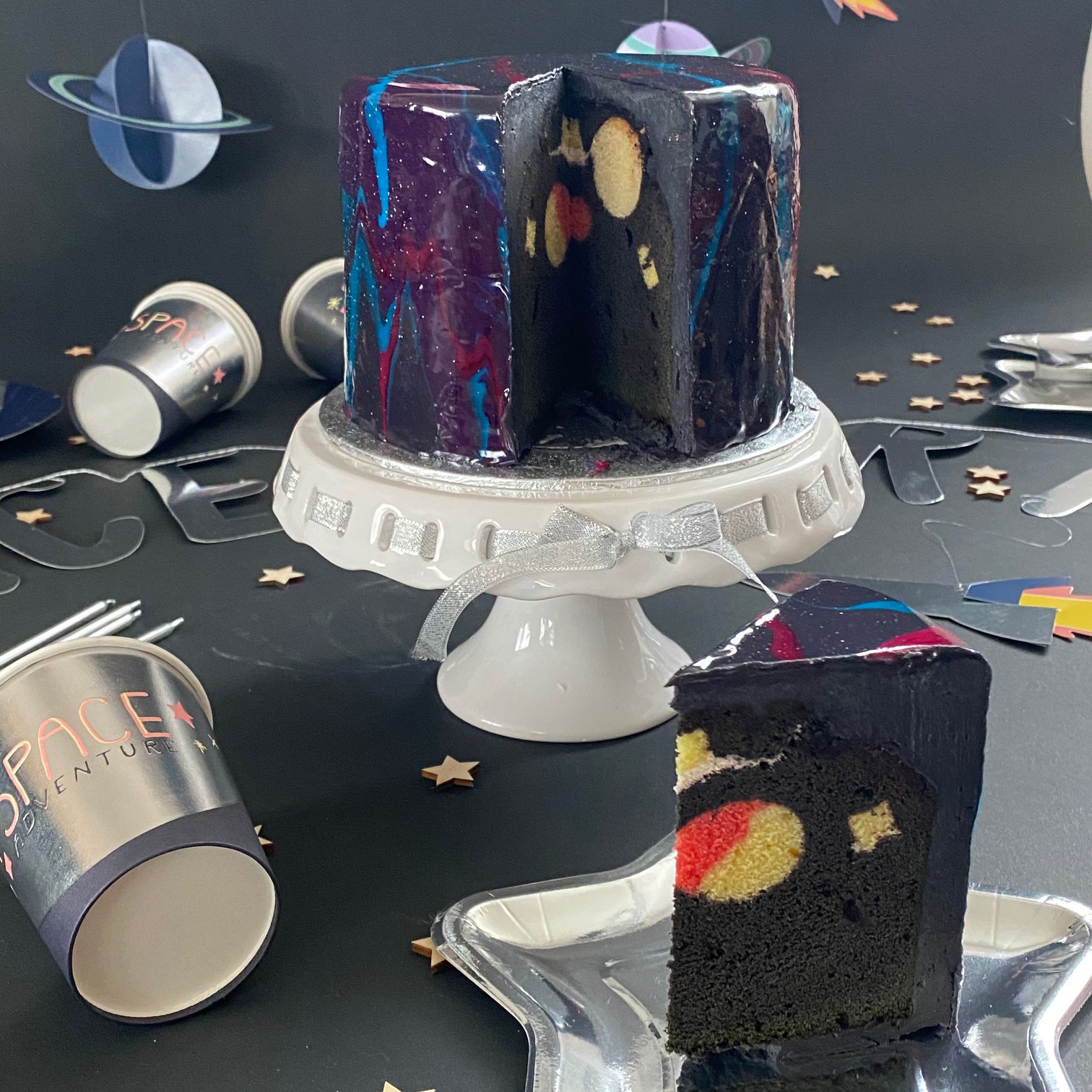Mirror Glace Galaxy Cake with Planets
